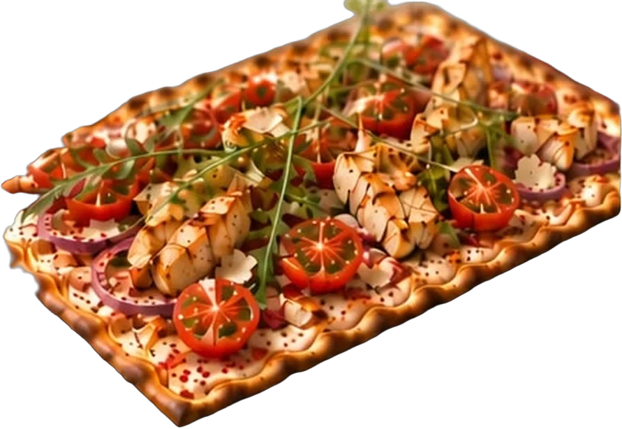 Flammkuchen mit Huhn, Tomaten und Rucola